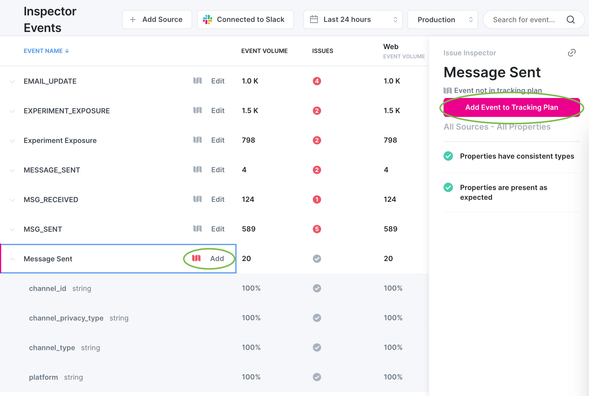Image shows the Inspector events view with "Add" and "Add event to tracking plan" buttons highlighted