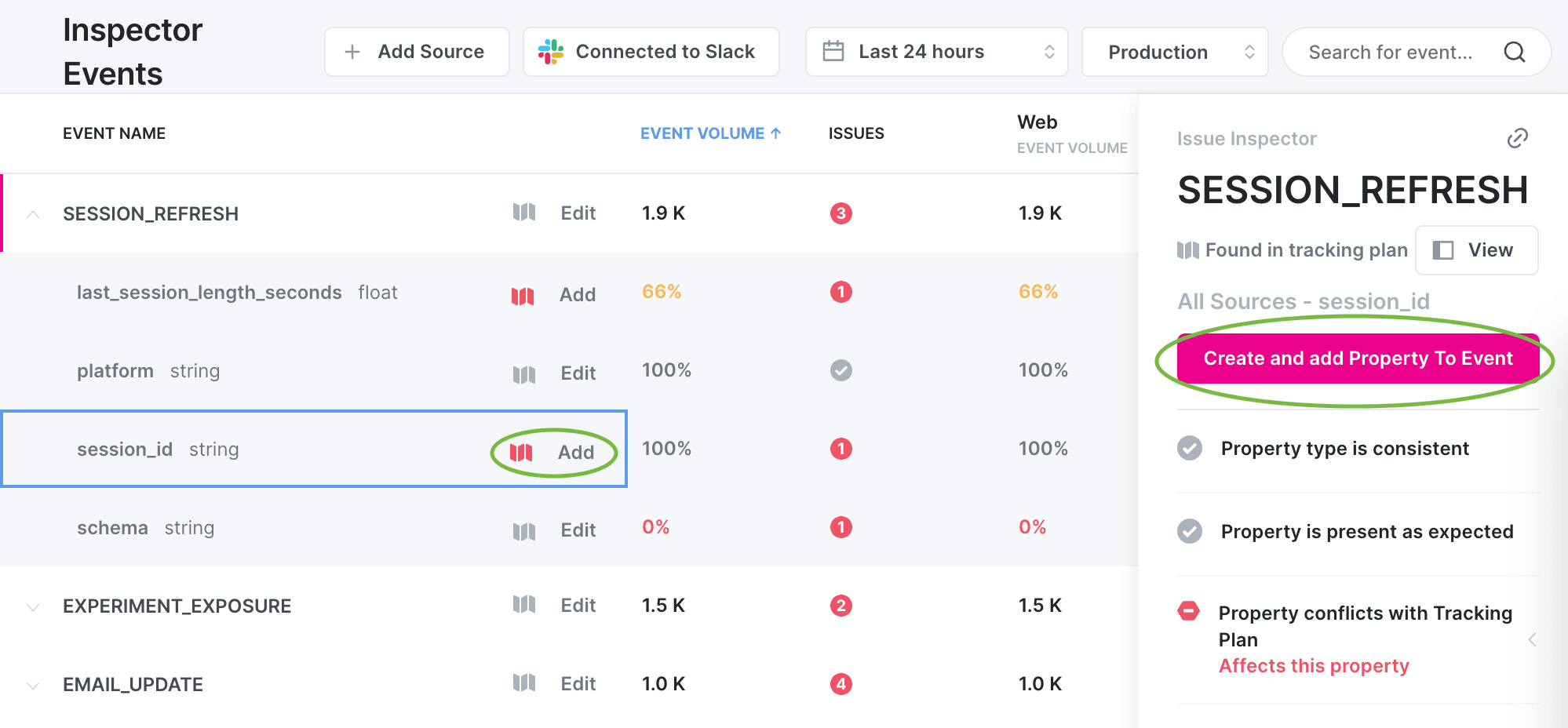 Image shows the Inspector events view with "Add" and "Create and add property to tracking plan" buttons highlighted