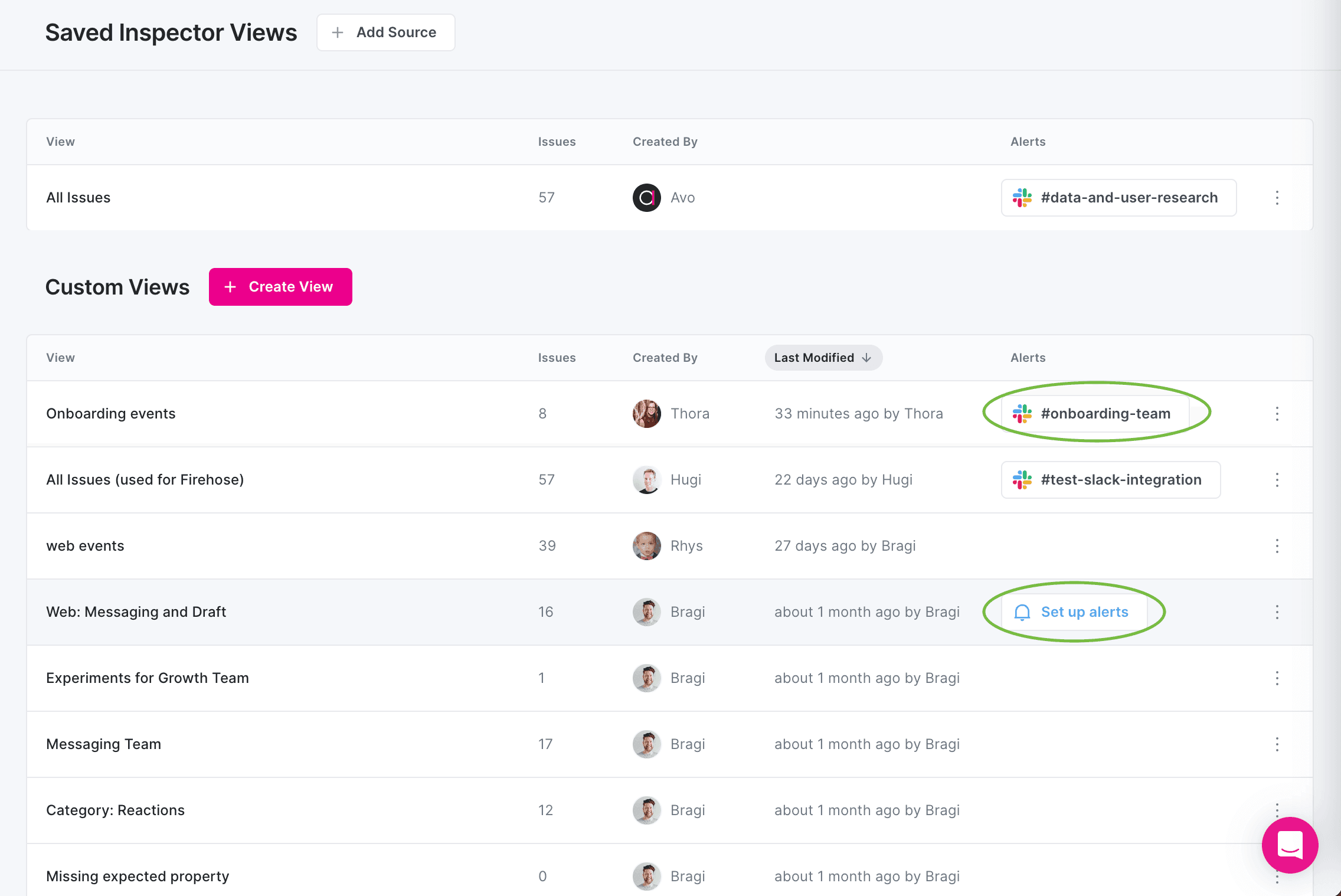 Image shows saved views overview with Slack alerts and Set up alerts buttons highlighted.
