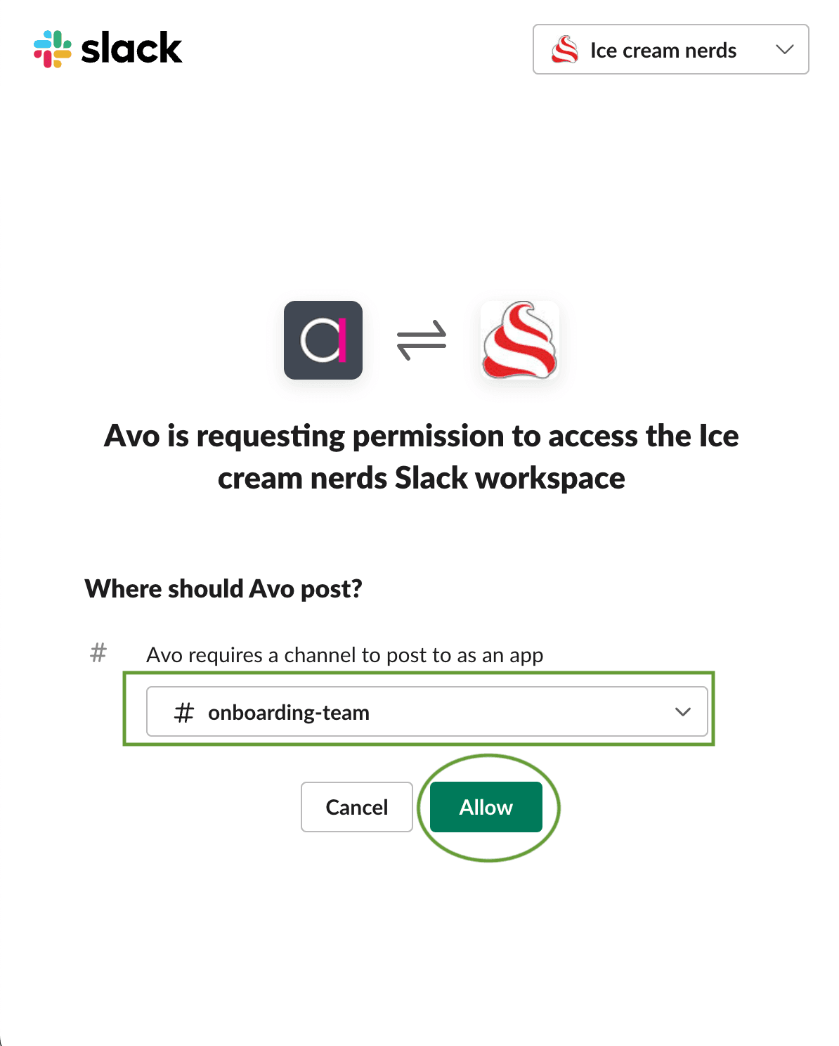 Image shows the Slack native modal where a Slack workspce and a channel have been selected and the Allow button highlighted.