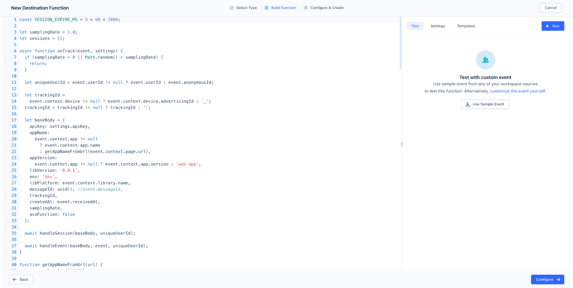 Example of code snippet in the Segment UI