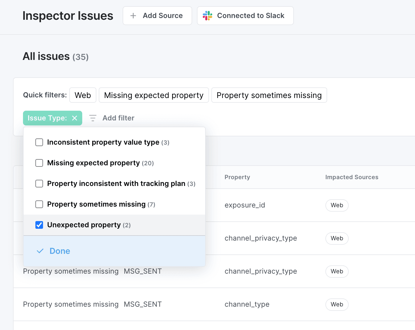 Image shows the Inspector issues view filters with Unexpected property filter selected