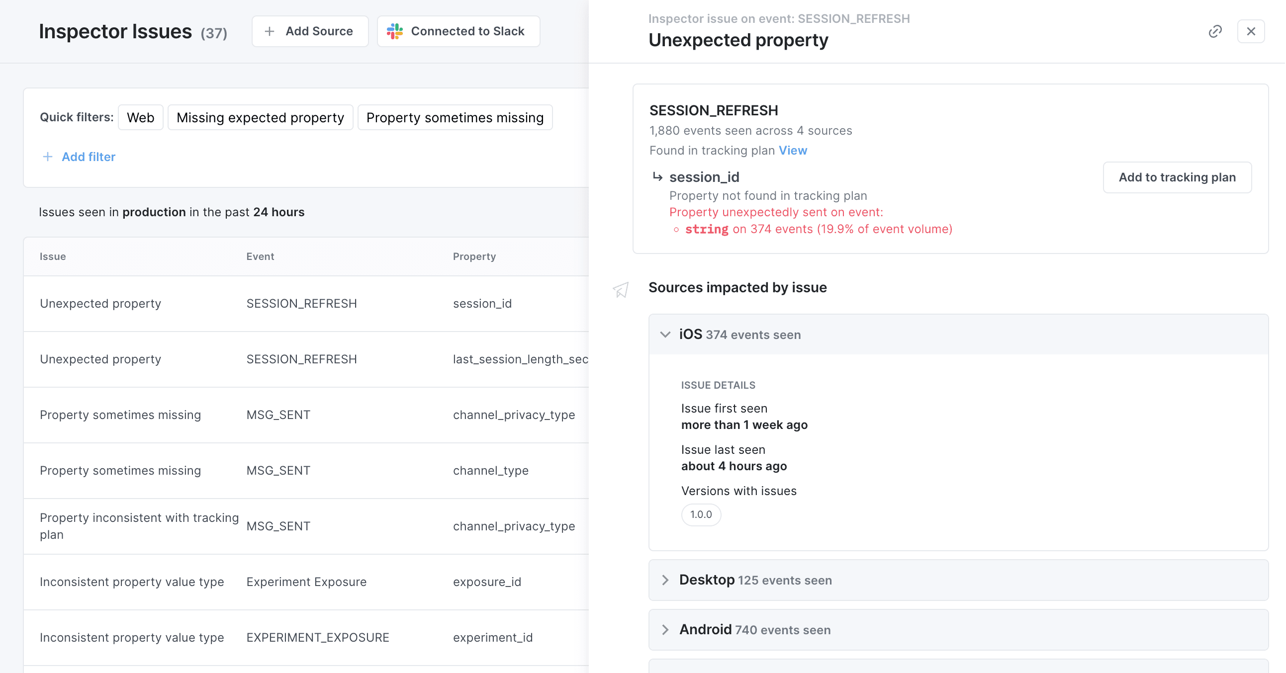 Image shows example issue details for an unexpected property.